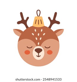 Festive bauble illustration of a cheerful brown reindeer with smile. Childish kids adorable deer animal decoration is perfect for New Year design. Baby Christmas ornate element.