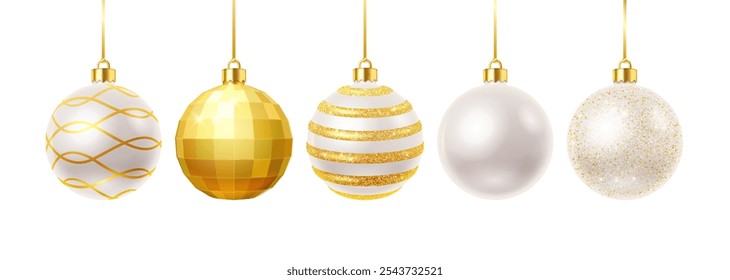 Festive baubles with golden patterns realistic color icons set. Traditional Christmas spheres ornaments 3d objects illustrations on white