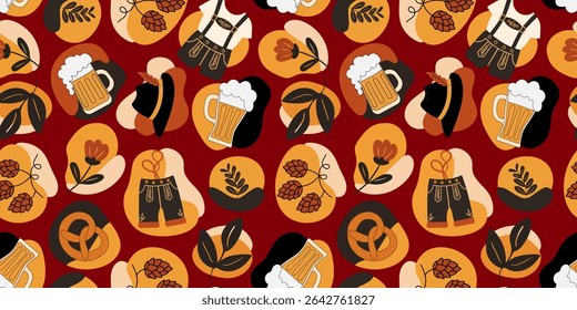 festivo bavarian folk arte inspirado padrão perfeito para decorações oktoberfest com cerveja steins trajes nacionais e motivos de colheita de outono em vermelho escuro