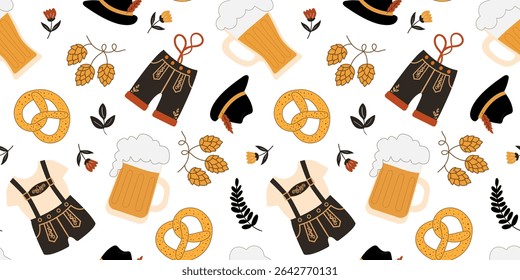 festive bavarian folk art inspired seamless pattern perfect for oktoberfest decorations featuring beer steins national costumes autumn harvest white background