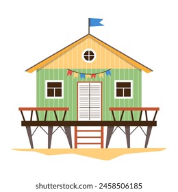 A festive beach house on stilts with a flag and party decorations. Vector illustration of a vibrant, elevated seaside cabin.