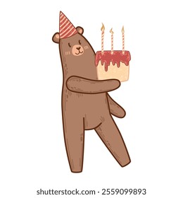 Festive bear holding a birthday cake with lit candles and wearing a party hat. Vector art whimsical design perfect for woodland-themed birthday celebrations, festive cards, or celebration decor.