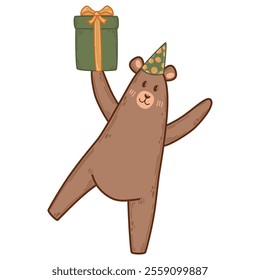 Festive bear holding a wrapped gift, wearing a polka-dot party hat. Vector illustration in simple cartoon style. Playful woodland-themed art perfect for birthdays or celebrations