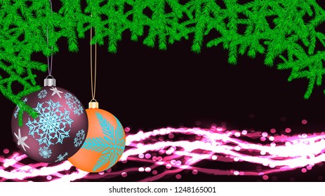 Festive beautiful Christmas card with New Year's rounds of violet yellow balls, toys with a frame made of fir branches on the background of an abstract magic background with bokeh effect.