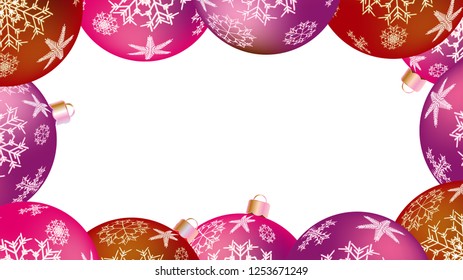 Festive beautiful Christmas winter frame for the New Year of multicolored round balls, Christmas tree decorations with a pattern of snowflakes isolated on white. Vector background.