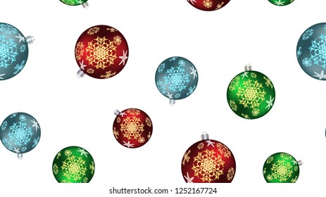 Festive beautiful Christmas winter texture, gift wrapping a seamless pattern for the New Year from multicolored round balls, Christmas tree decorations with a pattern of snowflakes. Vector background.