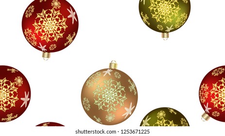 Festive beautiful Christmas winter texture, gift wrapping a seamless pattern for the New Year from multicolored round balls, Christmas tree decorations with a pattern of snowflakes. Vector background.