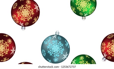 Festive beautiful Christmas winter texture, gift wrapping a seamless pattern for the New Year from multicolored round balls, Christmas tree decorations with a pattern of snowflakes. Vector background.