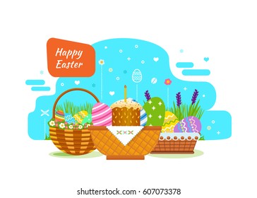 Festive, beautiful, Easter baskets with painted eggs, flowers, pies and bakery products, in a pleasant atmosphere. Vector illustration. Can be used in banners, invitation, postcards, poster