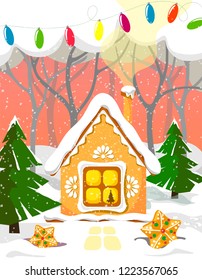 Festive and beautiful house in the fairy forest with snow and Christmas trees