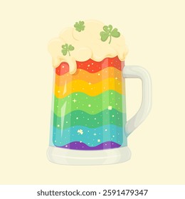 
A festive beer mug with a rainbow drink inside. The beer mug has foam and decorations in the shape of three-leaved clovers for St. Patrick's Day. It is a simple mug on a white background