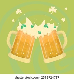 Festive beer mugs clink together in celebration of St. Patrick's Day. Frothy foam rises above the beer, while three-leaf clovers gracefully scatter through the air. Mugs on a light green background