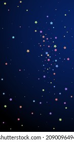 Festive bewitching confetti. Celebration stars. Colorful stars random on dark blue background. Flawless festive overlay template. Vertical vector background.
