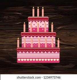 Festive big cake. Happy Birthday. Greeting card or invitation for a holiday. Vector on wooden background.