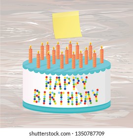 Festive Big Cake. Happy Birthday.  Empty Yellow Sheet Of Paper For Notes. Sticker. Greeting Card Or Invitation For A Holiday. Vector On Wooden Background.