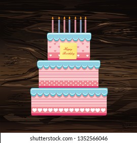 Festive Big Cake. Happy Birthday.  Empty Yellow Sheet Of Paper For Notes. Sticker. Greeting Card Or Invitation For A Holiday. Vector On Wooden Background.