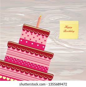 Festive Big Cake. Happy Birthday.  Empty Yellow Sheet Of Paper For Notes. Sticker. Greeting Card Or Invitation For A Holiday. Vector On Wooden Background.