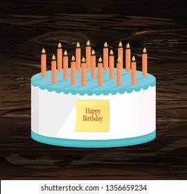 Festive Big Cake. Happy Birthday. Greeting Card Or Invitation For A Holiday.   Empty Yellow Sheet Of Paper For Notes. Sticker. Vector On Wooden Background.