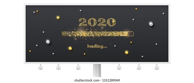 Festive billboard with loading bar. Transition to 2020 new year on black background. Happy New Year and Christmas card with glittering progress bar and gold and white pearls. Vector illustration EPS10