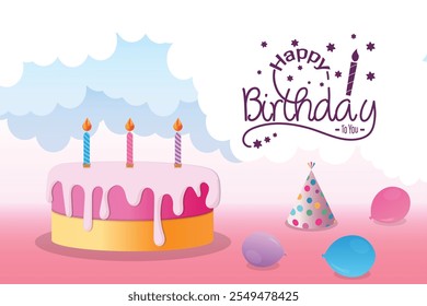 Festive birthday background with cake, balloons, party hats, clouds, and a pink table design