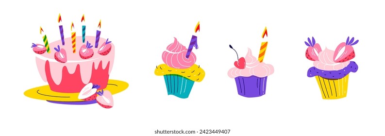 Festive Birthday Cake and Cupcakes Illustration with Candles in Whimsical Style for Greeting Cards and Decor. Vector illustration, flat style design vibrant colors