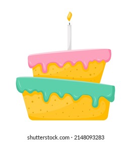 A festive birthday cake with dripping icing and a burning candle. Dessert, sweet food, pastries, a symbol of the holiday. Vector illustration in a flat cartoon style isolated on a white background.