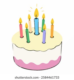 A festive birthday cake topped with colorful candles, radiating joy and excitement, perfect for party invitations and greeting cards.