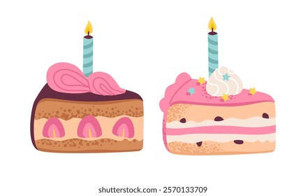 Festive birthday cakes with candles and layered icing. Flat vector illustration.