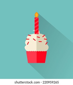 Festive birthday card with cupcake in flat design style, vector illustration