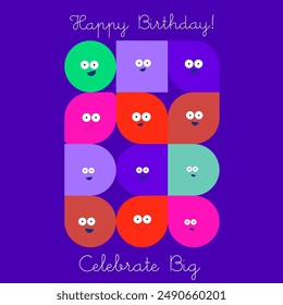 A festive birthday card featuring a grid of cheerful faces on a purple background, encouraging to "Celebrate Big."