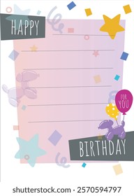 Festive birthday card with pastel gradient background, balloon animals, stars, and confetti. Creative and playful design for celebration. Vector illustration