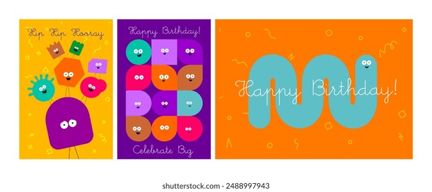 Tarjeta de cumpleaños festiva con personajes coloridos y tipografía divertida, perfecta para celebraciones exuberantes.