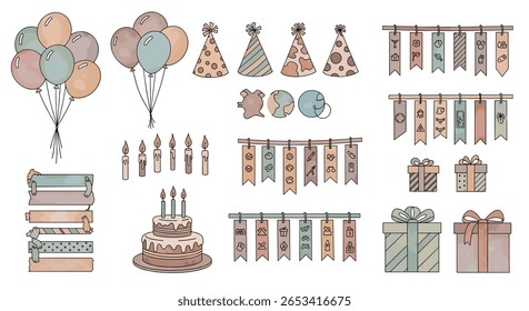 Coleção de elementos festivos da celebração do aniversário com balões velas do bolo caixas de presente e bandeiras de bunting para decorações da festa