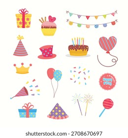Festive Birthday Celebration Elements and Decorations Illustration Collection
