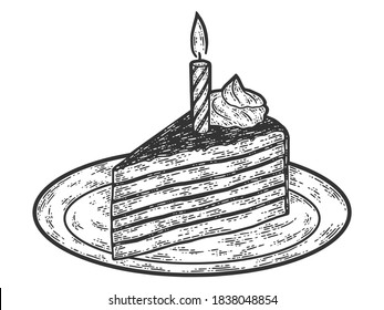 Festive birthday chocolate cake with candle. Engraving vector illustration.