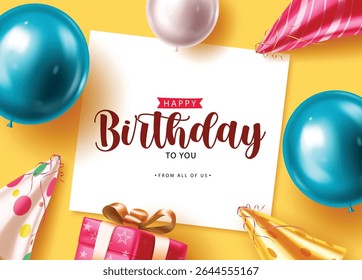 Festive birthday clipart featuring vibrant balloons, party hats, and a gift box surrounding a cheerful “Happy Birthday” greeting card on a bright yellow background perfect for party invites or wishes.