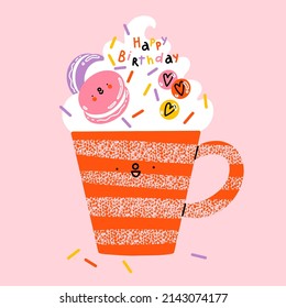 Festive birthday dessert cartoon style character, with happy birthday sprinkles and macarons, vector illustration on pink background