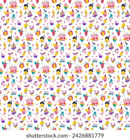 Festive Birthday Diverse Cartoon Characters and Party Elements Seamless Pattern for Event Decoration and Stationery . Vector illustration, flat style design