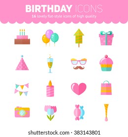 Festive birthday flat icons set with cake, air balloons, gift boxes, hats and ribbons for websites, invitations and greeting cards