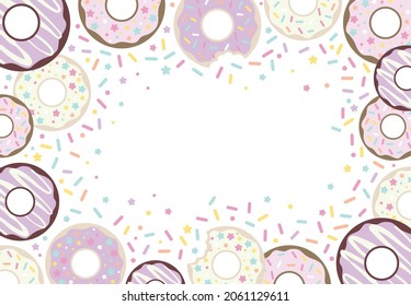 Festive birthday frame with various colourful donuts and sprinkles on white background