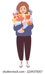 Festive birthday girl. Happy woman holds many gifts and boxes in her hands. Vector illustration in cartoon flat style. Female character for design of holiday themes, gifts and sales