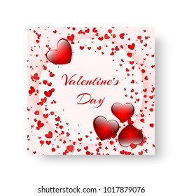 Festive Birthday greeting card design with glowing red hearts and falling confetti for decoration for Valentine's day