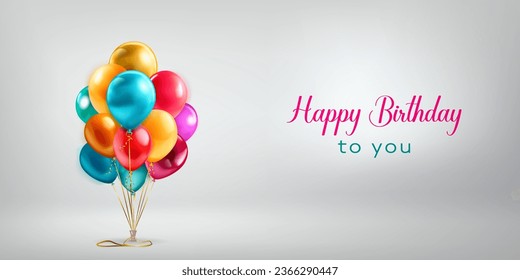 Festive birthday illustration with a bunch of colored helium balloons and inscription Happy Birthday to you on white background