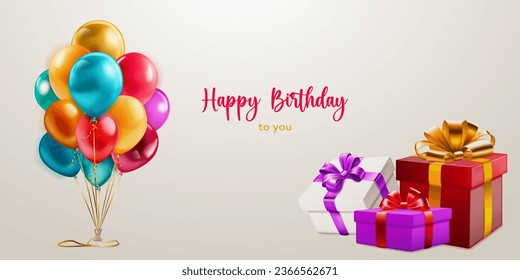 Festive birthday illustration with a bunch of colored helium balloons, several gift boxes with ribbons and bows and inscription Happy Birthday to you on light background