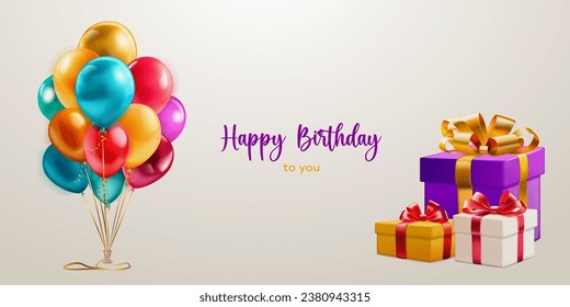 Festive birthday illustration with a bunch of colored helium balloons, several gift boxes with ribbons and bows and inscription Happy Birthday to you on light background