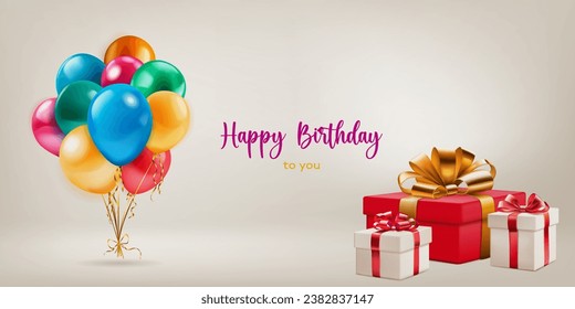 Festive birthday illustration with a bunch of colored helium balloons, several gift boxes with ribbons and bows and inscription Happy Birthday to you on light background