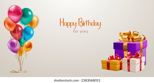 Festive birthday illustration with a bunch of colored helium balloons, several gift boxes with ribbons and bows and inscription Happy Birthday to you on light background