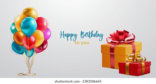 Festive birthday illustration with a bunch of colored helium balloons, several gift boxes with ribbons and bows and inscription Happy Birthday to you on light background