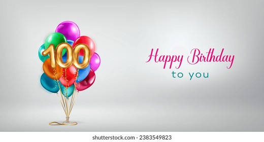 Festive birthday illustration with a bunch of colored helium balloons, golden foil balloons in the shape of the number 100 and lettering Happy Birthday to you on white background