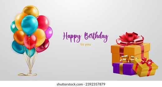 Festive birthday illustration with a bunch of colored helium balloons, several gift boxes with ribbons and bows and inscription Happy Birthday to you on light background